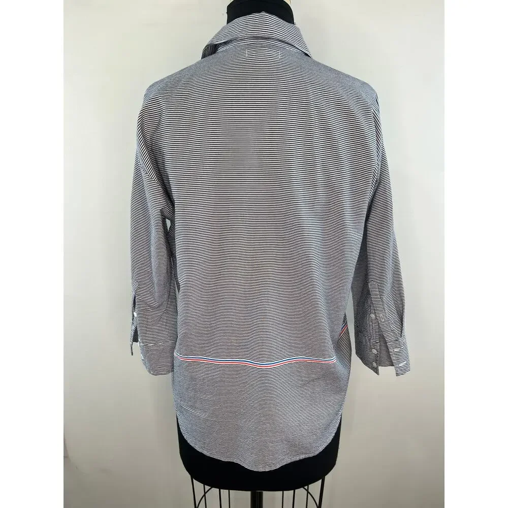 J Crew Black White Striped Roll Tab Sleeve Cotton Boyfriend Popover Size 4